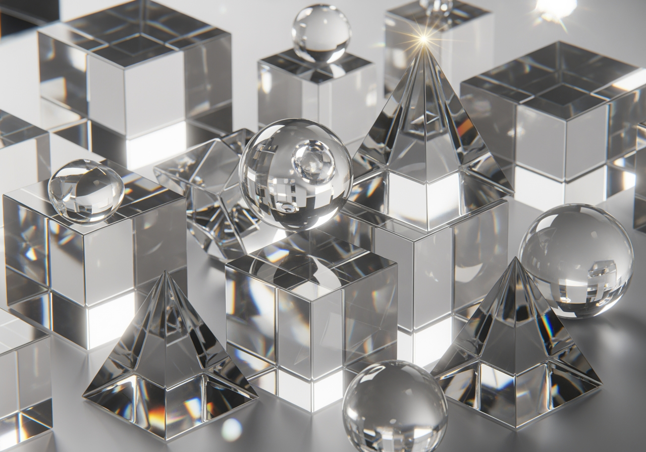 4K 고해상도와 업스케일링을 나타내는 수정처럼 맑은 기하학적 유리 형태