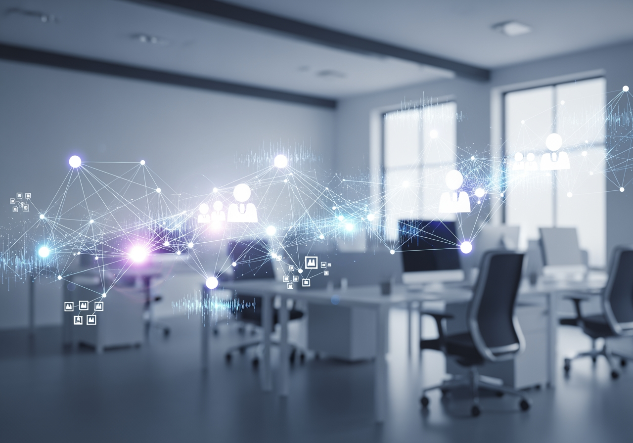 원활한 팀 협업과 AI 통합을 상징하는 빛나는 광선 네트워크