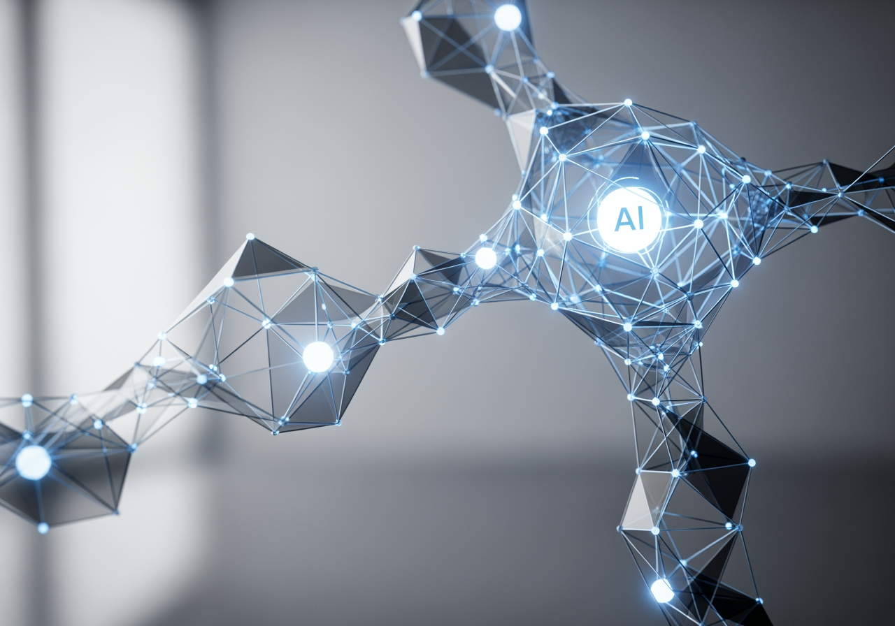 Floating glowing geometric shapes connected in a network structure