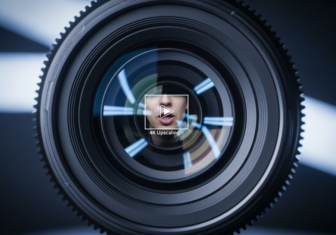 4K 비디오 업스케일링과 고품질 더빙을 상징하는 카메라 렌즈 유리 클로즈업