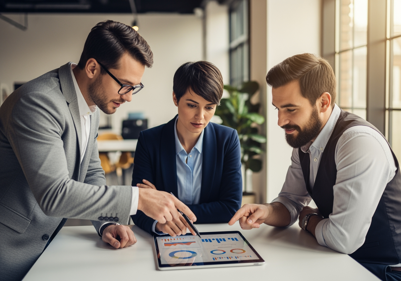 태블릿으로 프레젠테이션 영상을 검토하며 협업하는 비즈니스 팀