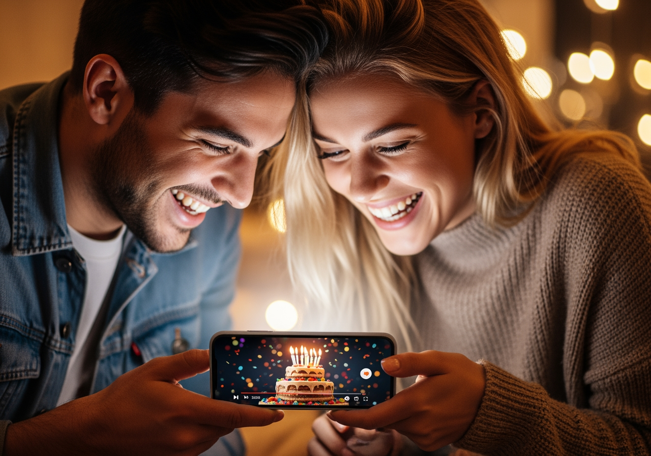 스마트폰으로 고화질 생일 비디오를 즐겁게 시청하는 친구들의 클로즈업