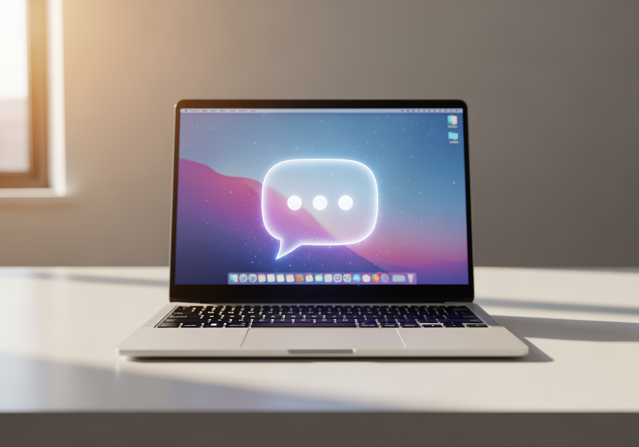 쉬운 대화형 AI 인터페이스를 상징하는 노트북 위에 떠 있는 빛나는 3D 말풍선