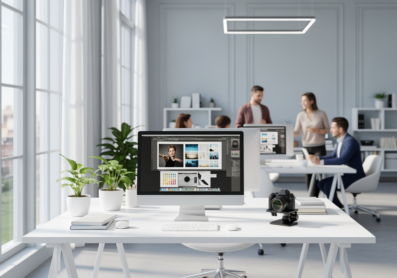 전문적인 분위기의 현대적이고 미니멀한 크리에이티브 스튜디오 공간