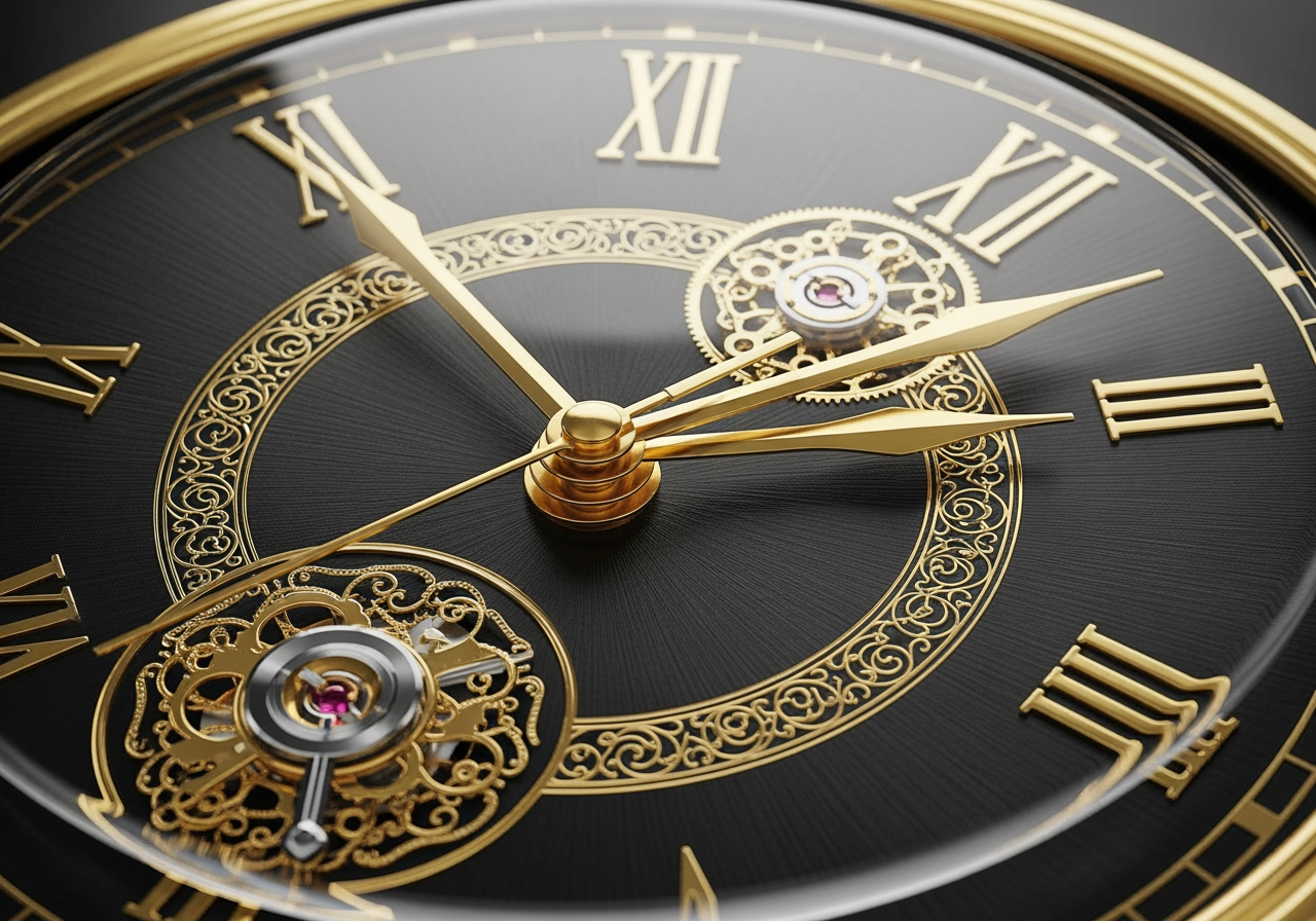 4K 업스케일링 품질을 상징하는 우아한 시계 페이스의 초고화질 접사