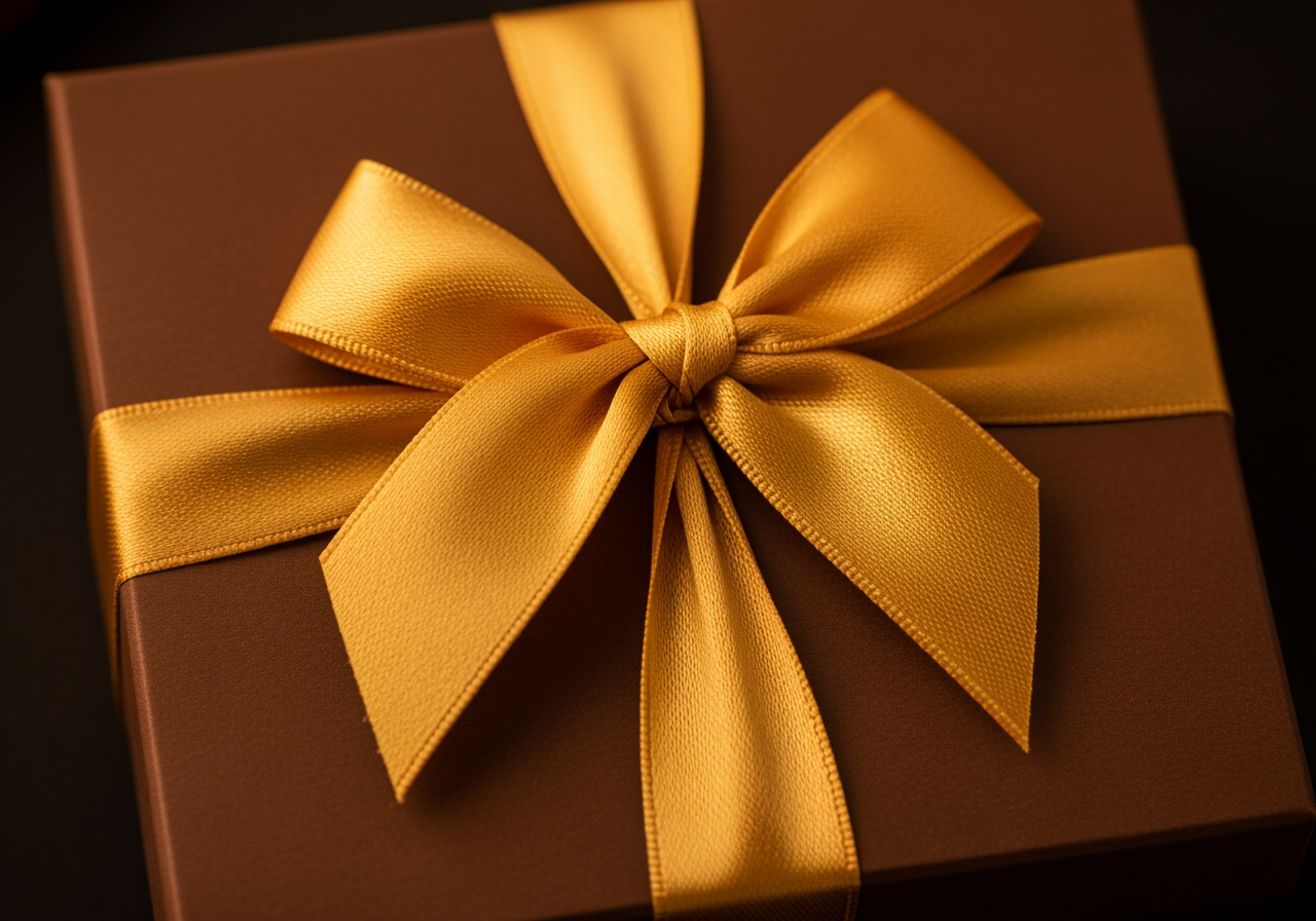 금색 리본이 달린 고급 초콜릿 상자의 초근접 매크로 샷