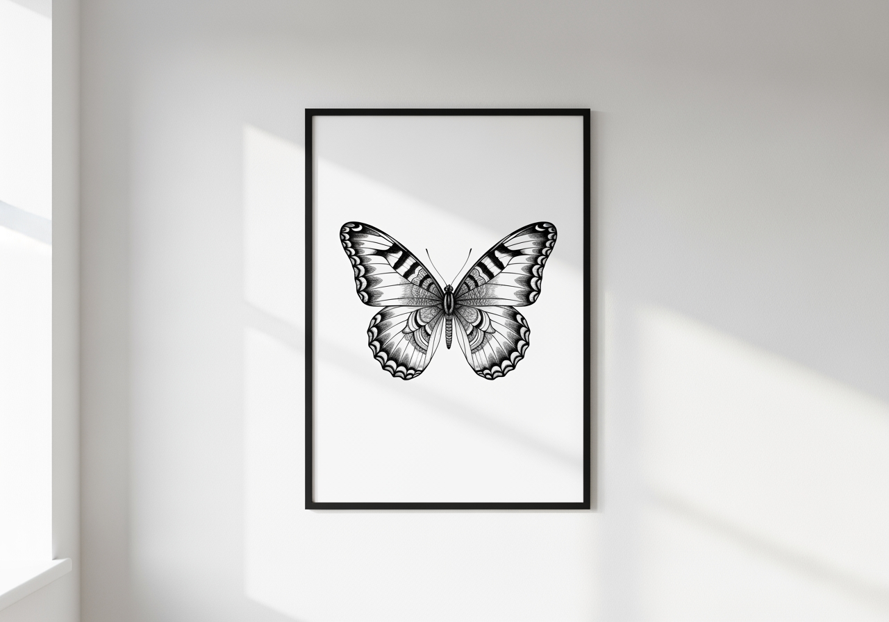 미니멀한 벽에 걸린 고해상도 검은 잉크 나비 일러스트 액자