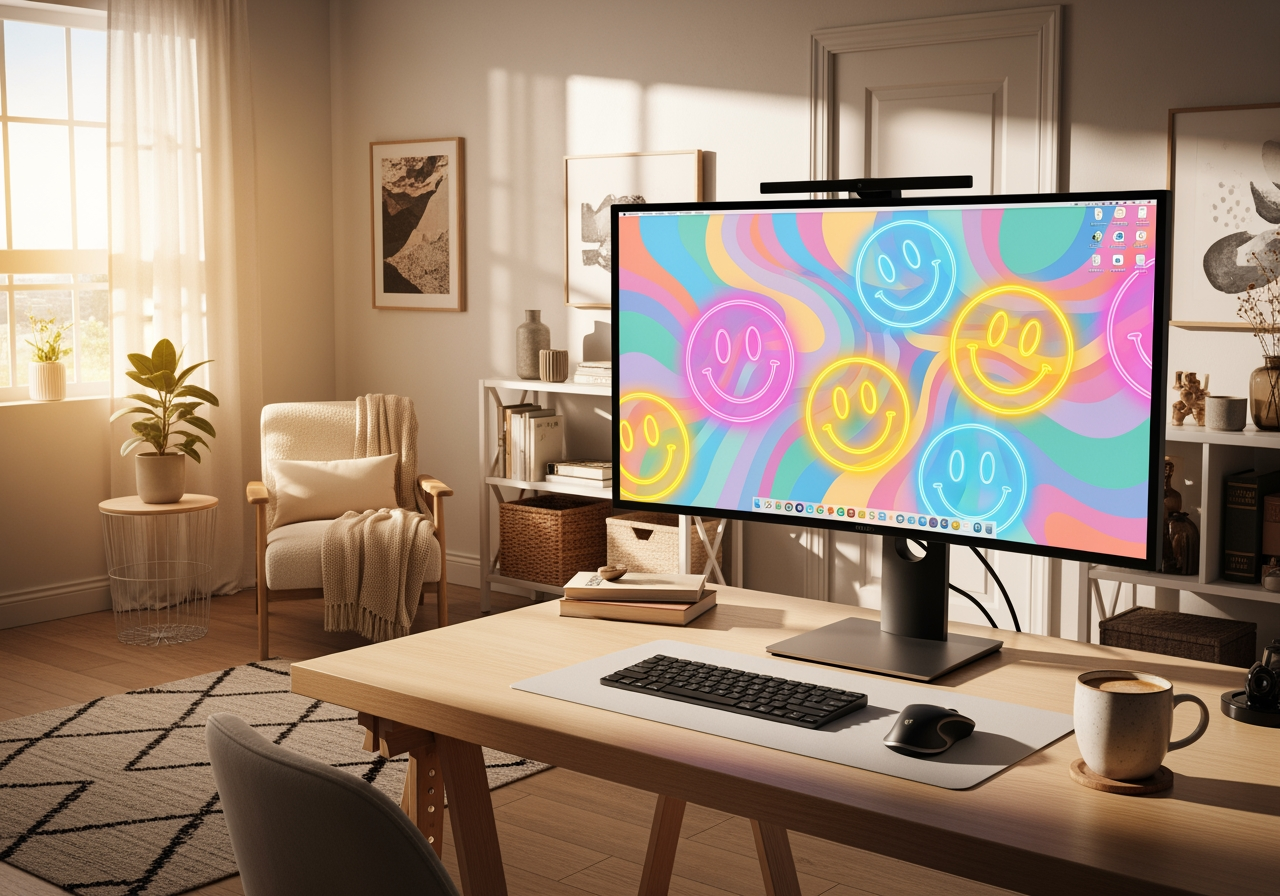 4K 고해상도 프레피 아트 배경화면을 보여주는 현대적인 컴퓨터 모니터