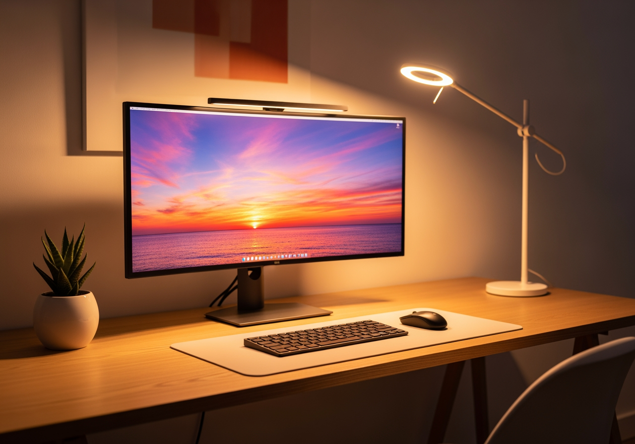 로맨틱한 노을 배경화면을 보여주는 현대적인 책상 모니터