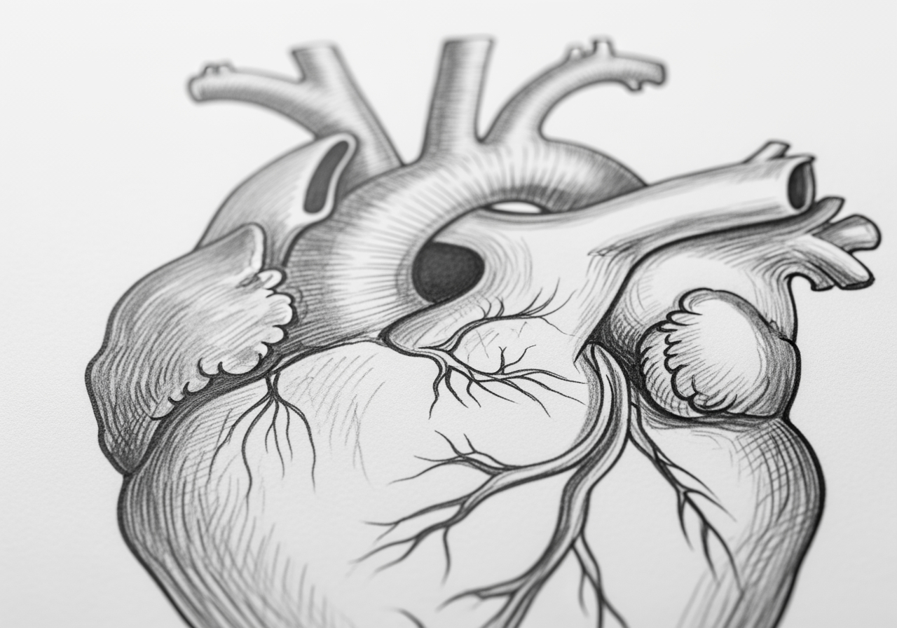 연필로 그린 하트의 고해상도 질감과 디테일을 보여주는 매크로 클로즈업