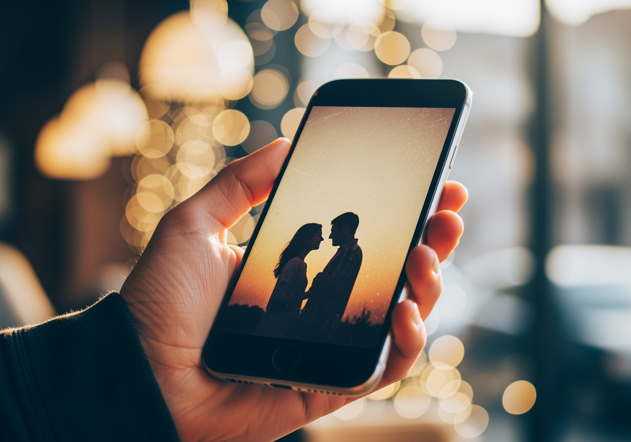 카페에서 빈티지 스타일의 낭만적인 배경화면을 보여주는 스마트폰을 든 손