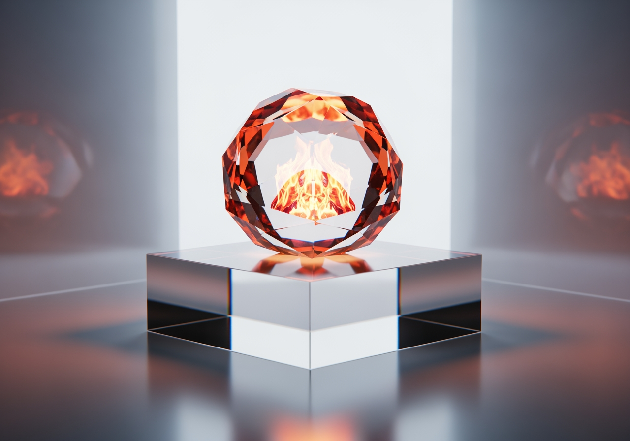 디지털 트렌드를 상징하는 반투명 유리 포디움 위의 고급스러운 빛나는 불꽃 크리스탈 오브제