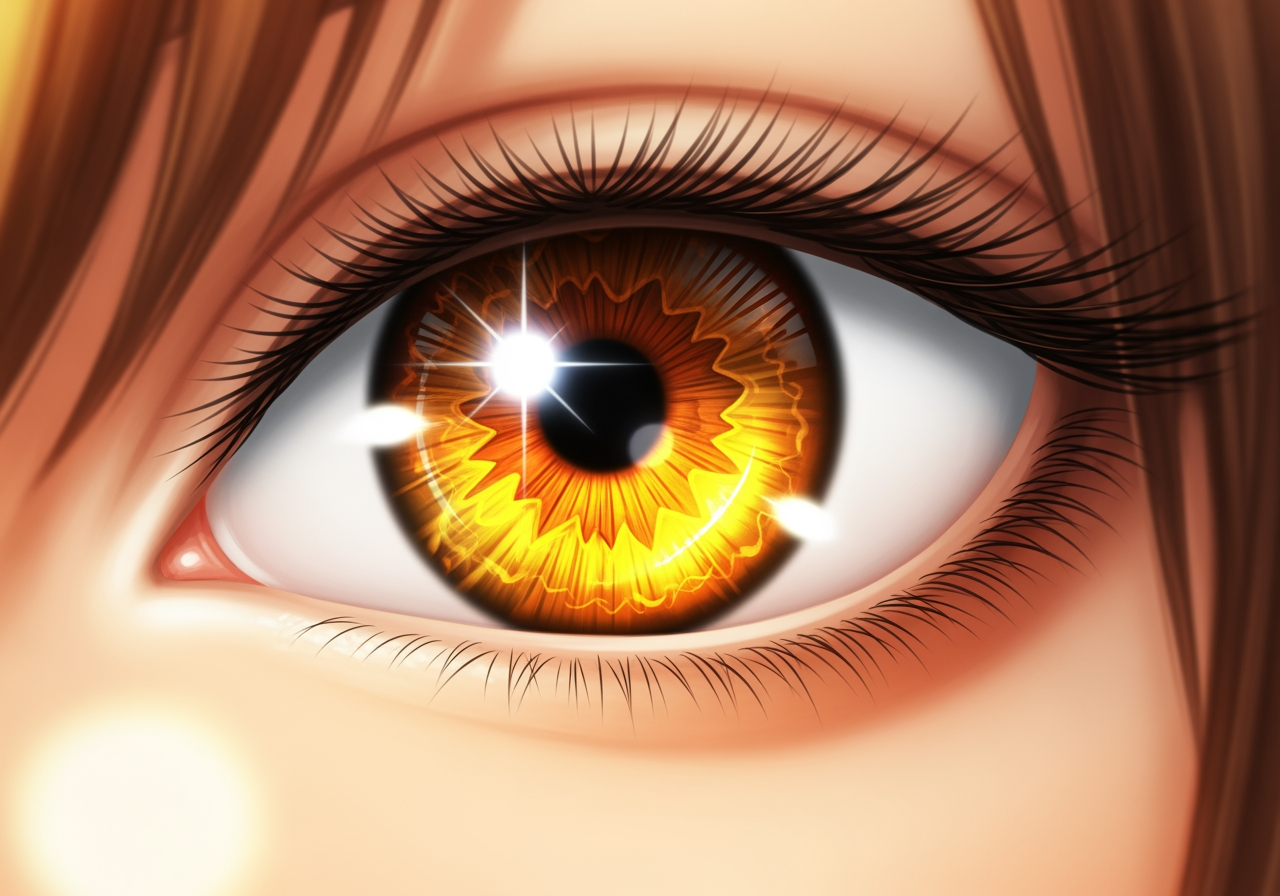 4K 품질을 보여주는 황금빛 색조와 선명한 디테일의 초고해상도 애니메이션 눈 일러스트레이션