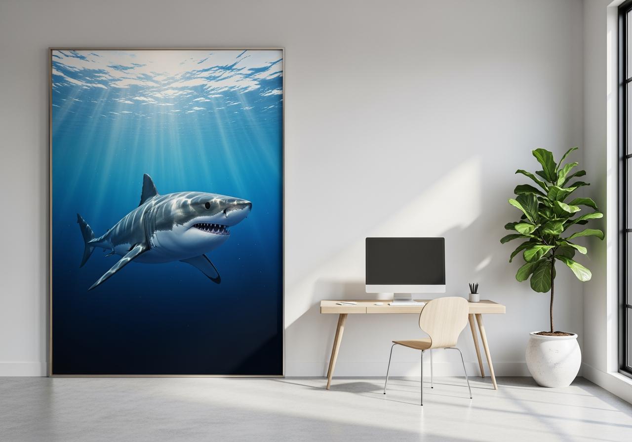현대적인 디자인 스튜디오에 걸린 대형 고해상도 사실적 상어 예술 프린트 액자