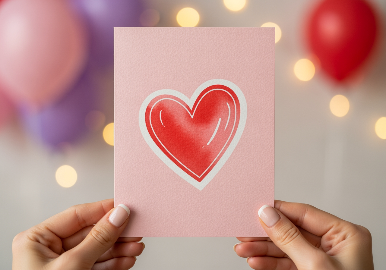 고품질로 인쇄된 갤런타인 카드를 들고 있는 손