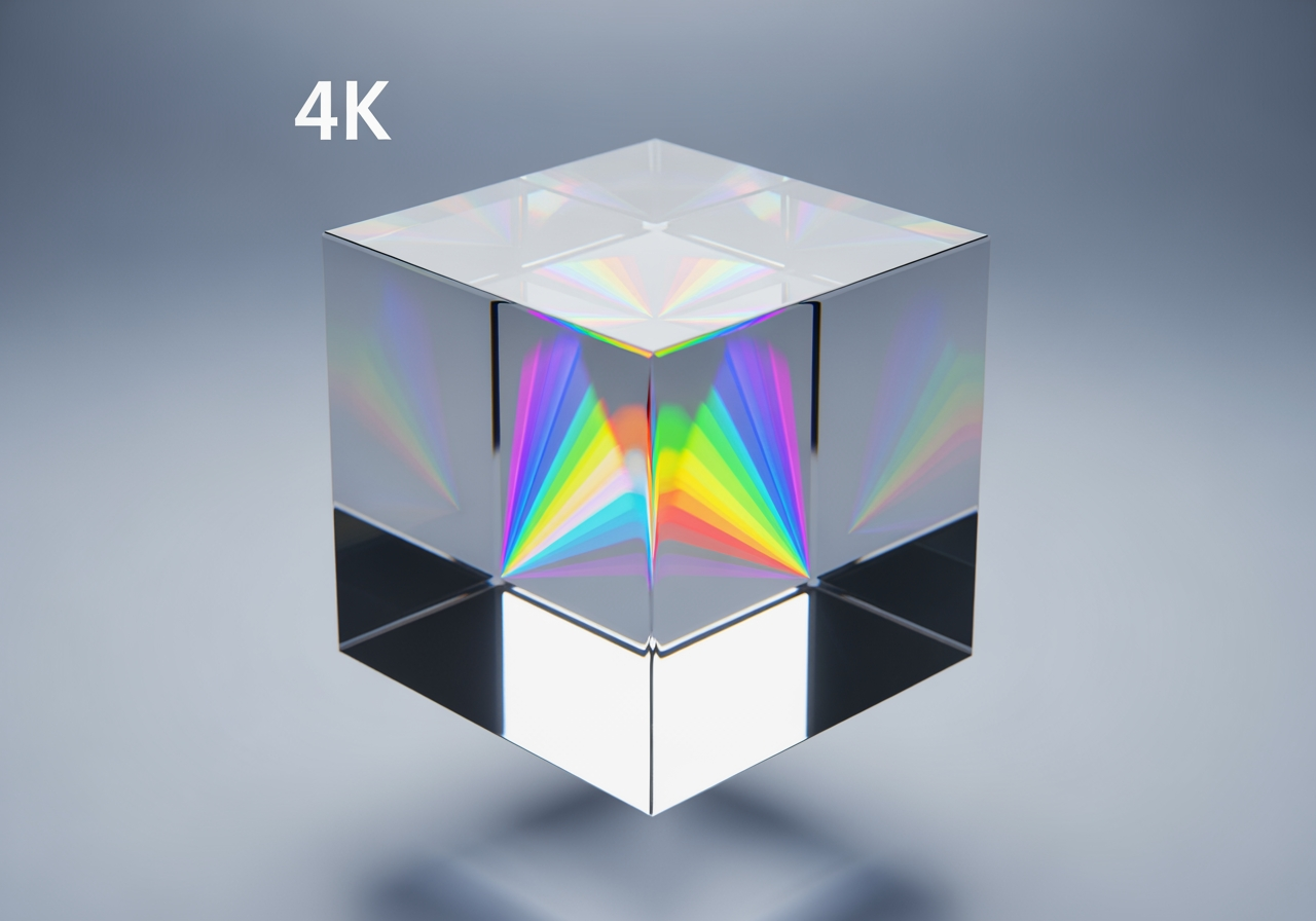 Cubo de vidrio flotante cristalino refractando luz, simbolizando alta calidad