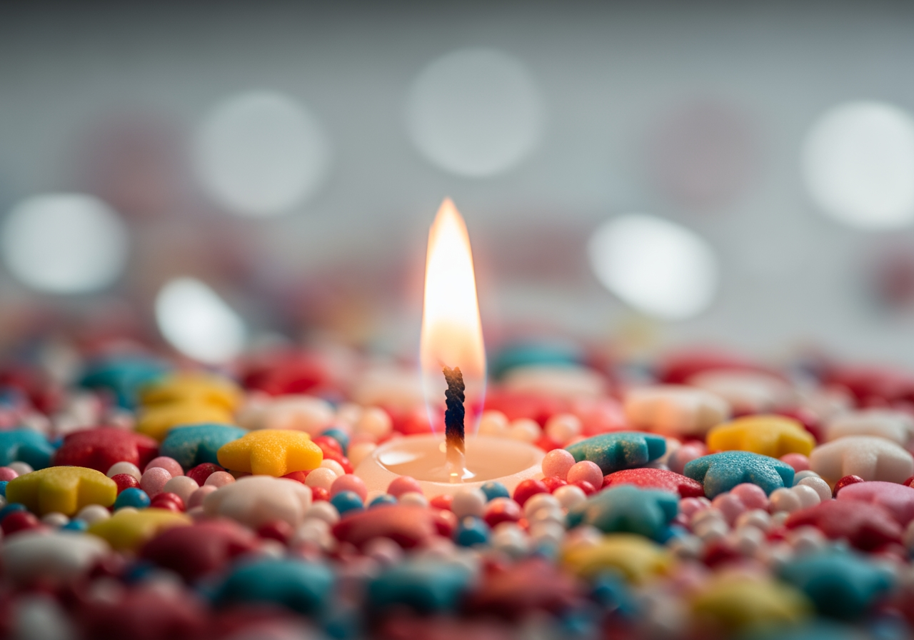 4K 화질을 보여주는 생일 케이크의 스프링클과 촛불의 초근접 확대 사진