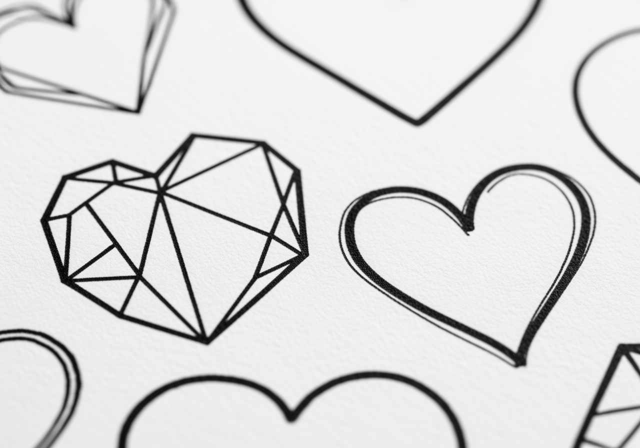 흰 종이 위에 그려진 다양한 스타일의 검은색 하트 아웃라인과 선명한 벡터 라인을 보여주는 접사 사진