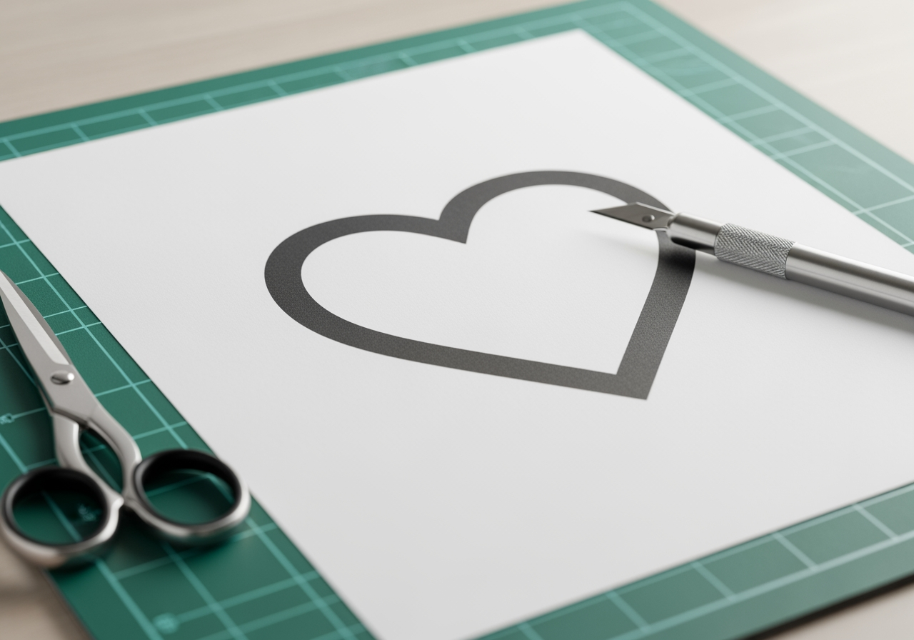 공예 작업을 위해 커팅 매트 위에 놓인 고품질로 인쇄된 하트 스텐실