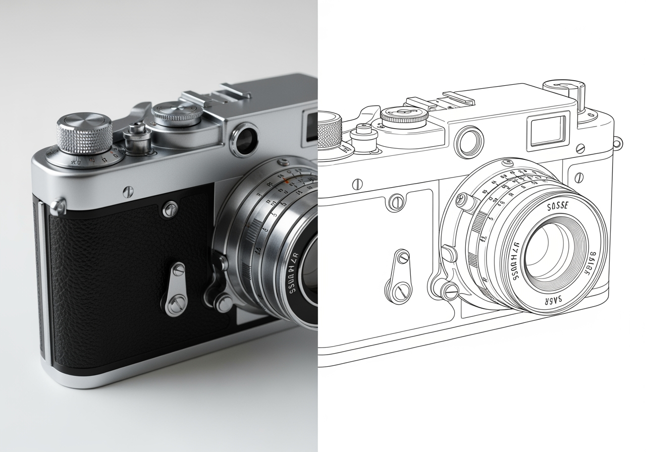 A split-screen image of a realistic vintage camera on the left transforming into a clean line drawing on the right