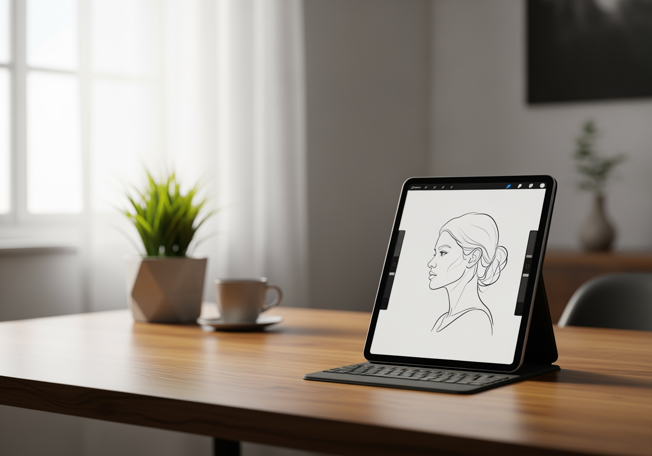 Digital tablet displaying a clean line drawing sketch of a woman's profile