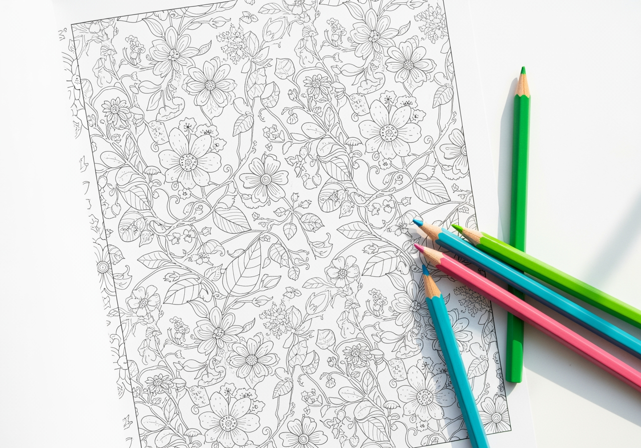 High-quality botanical line art printed on paper, ready for coloring