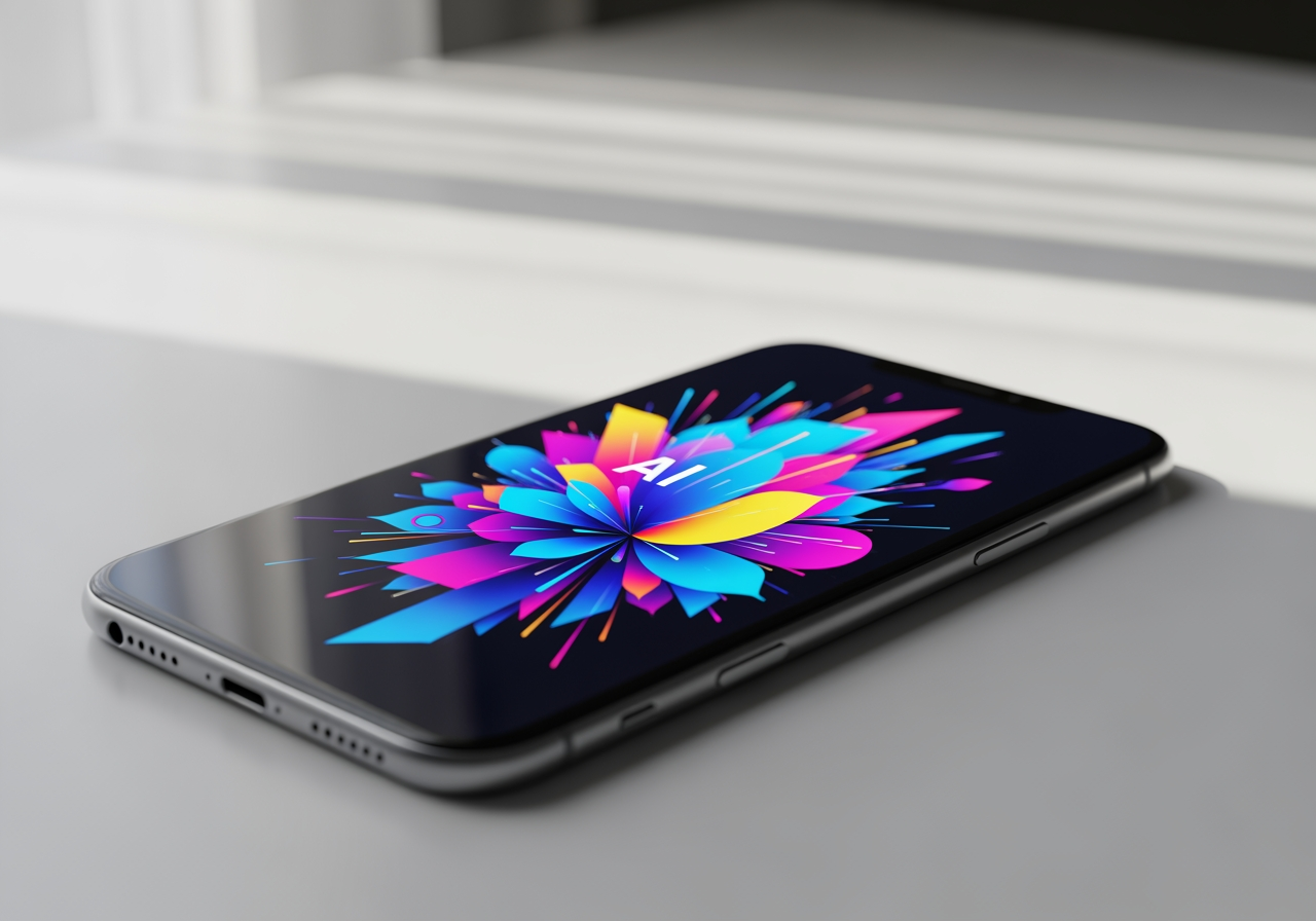 Sauberer Schreibtisch mit einem Smartphone, das bunte abstrakte KI-Kunst anzeigt