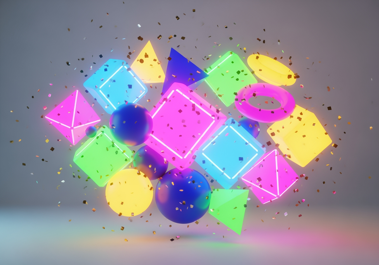 3D-gerendertes Bild von festlichen Neonformen und fallendem Konfetti