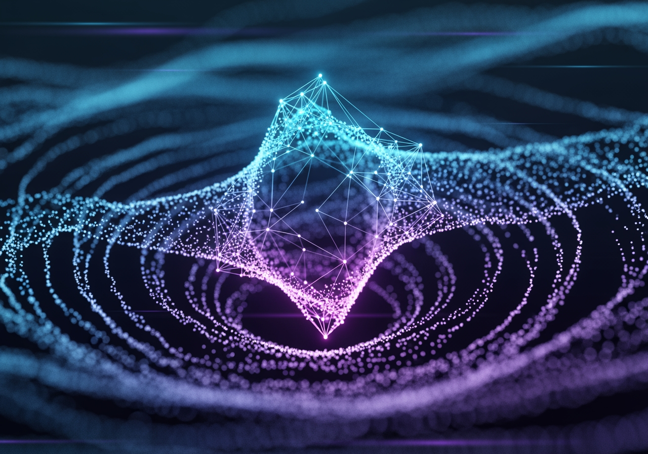 Abstrakte digitale Partikel, die konvergieren, um 4K-Hochauflösung zu symbolisieren