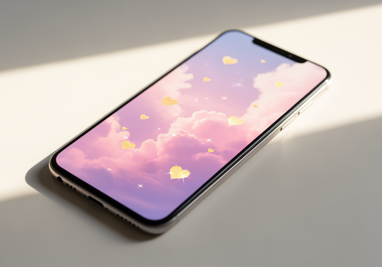 显示带有云朵和爱心的浪漫淡粉色情人节壁纸的智能手机