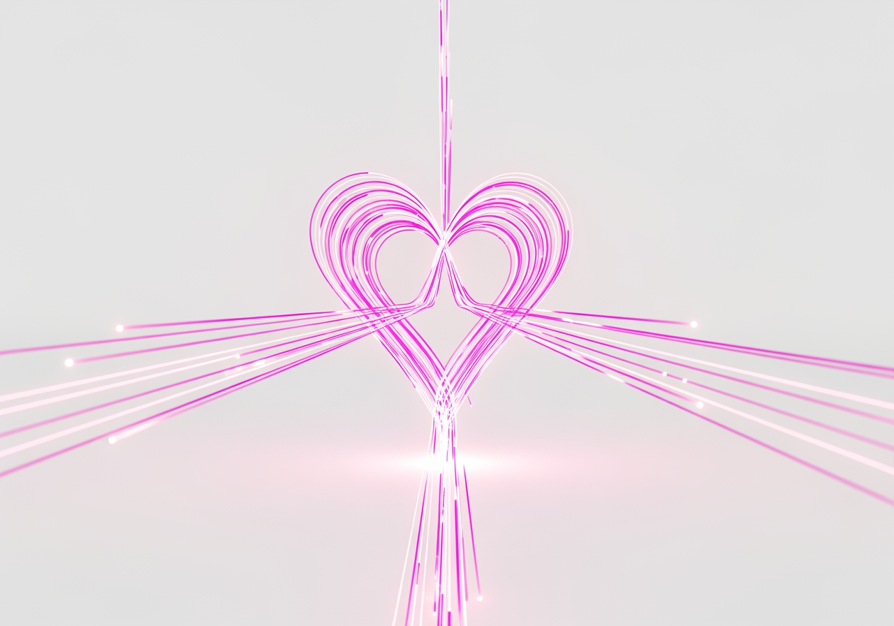 发光的粉色数字粒子形成心形,代表 AI 图像生成