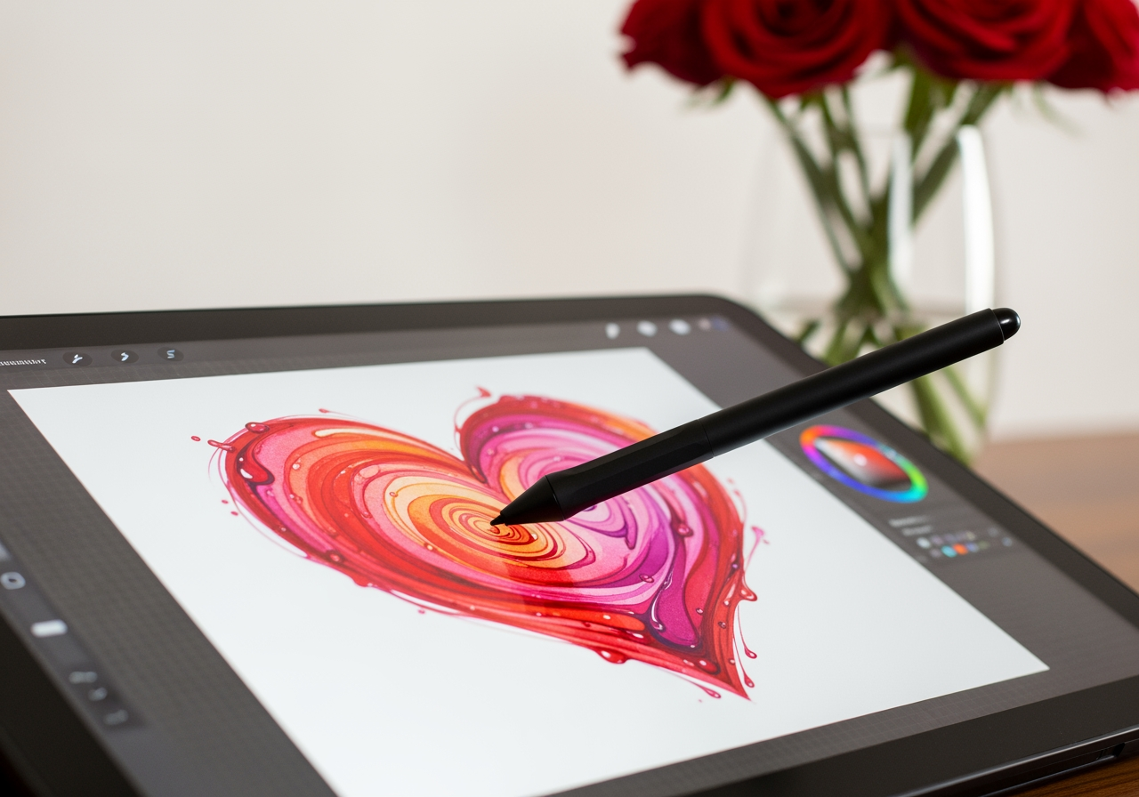 显示 AI 创建的水彩心形插图的数字平板电脑