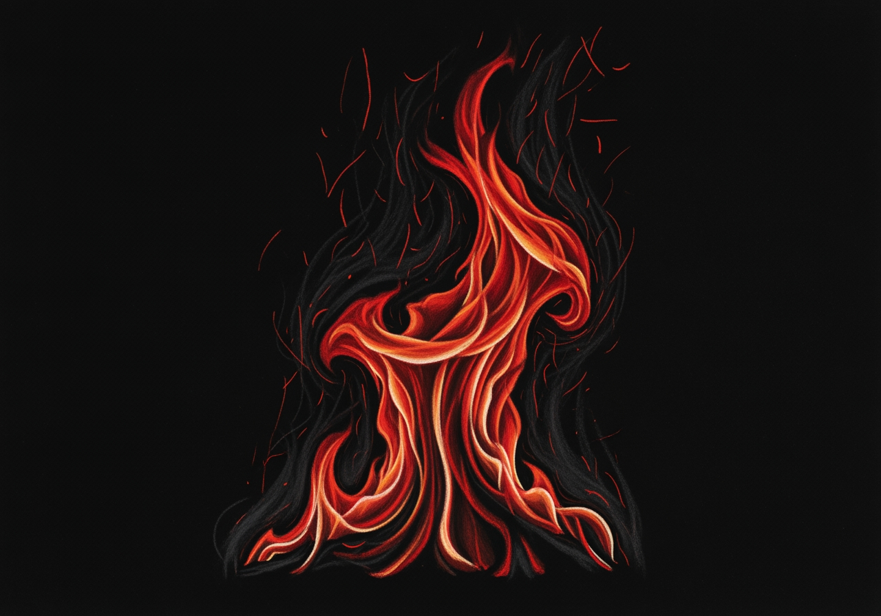 黑色背景上动态逼真的红橙色火焰炭笔画