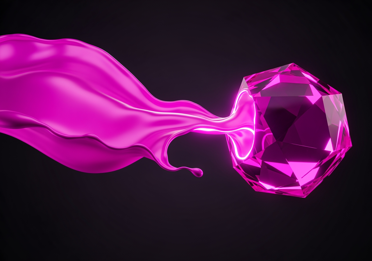 Liquid Fuchsia fluid transforming into a solid crystal structure