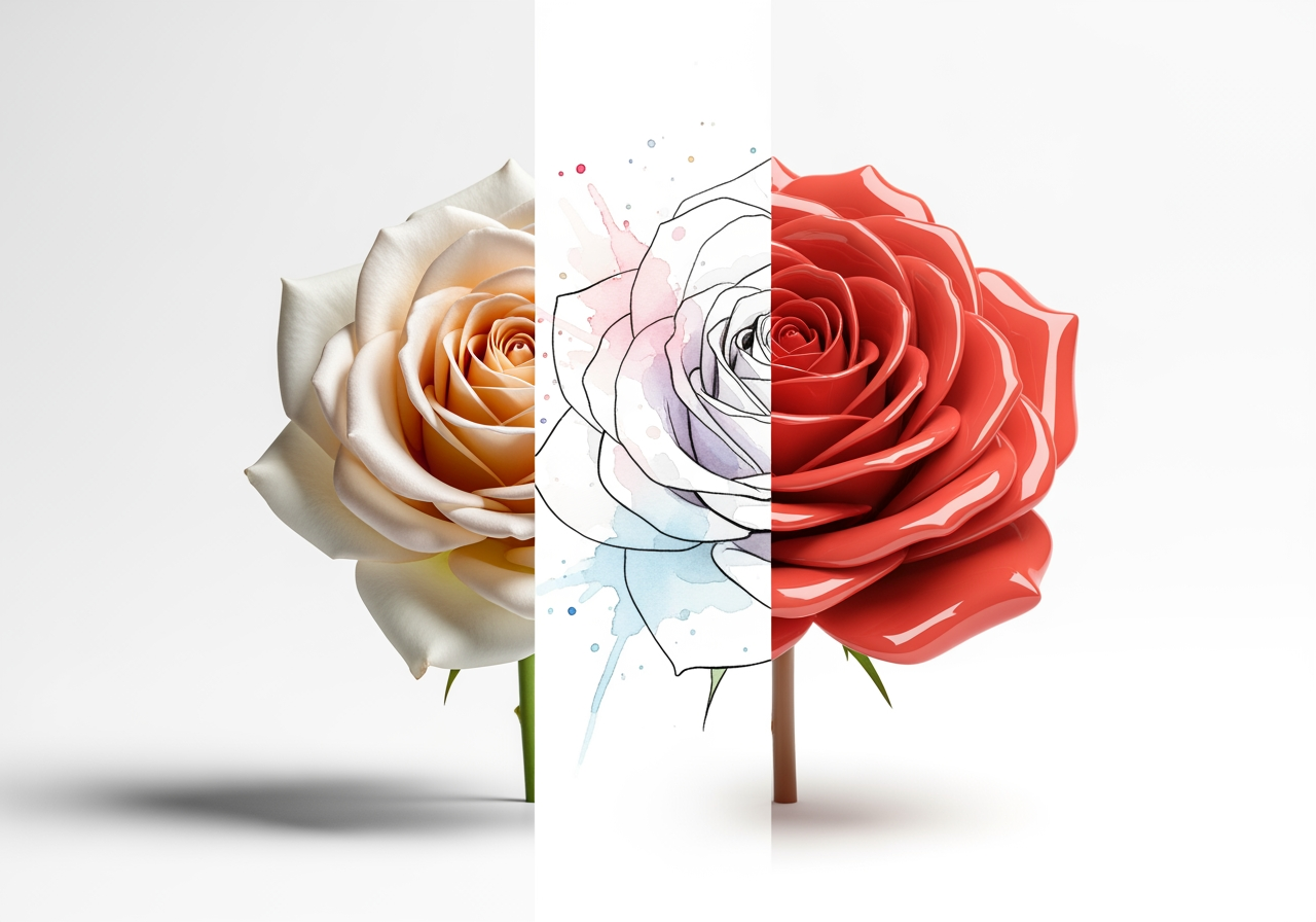 Une rose rendue dans des styles photoréaliste, aquarelle et 3D montrant la diversité créative