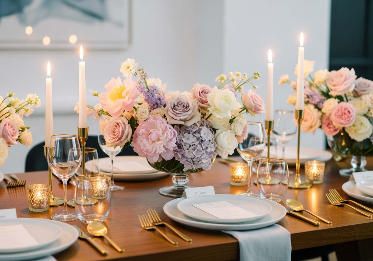 Cadre d'anniversaire romantique et luxueux avec des fleurs pastel et des bougies