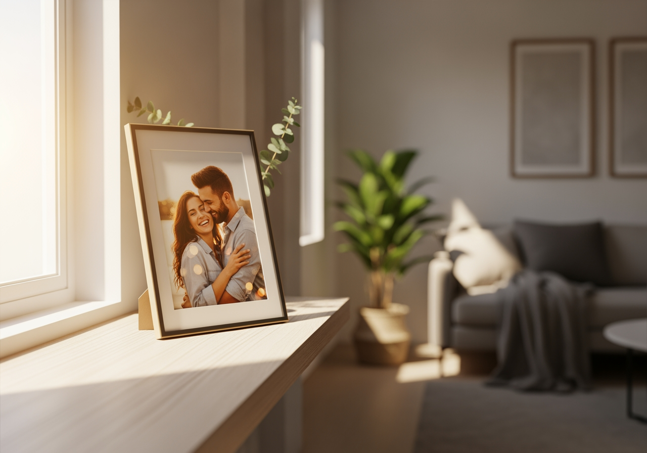 Photo d'anniversaire encadrée exposée sur une étagère en bois dans une pièce confortable