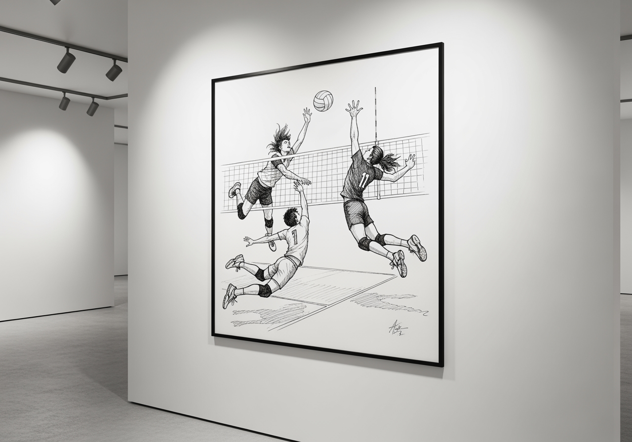 Hochwertiger gerahmter Kunstdruck einer dynamischen Volleyballskizze an einer Galeriewand