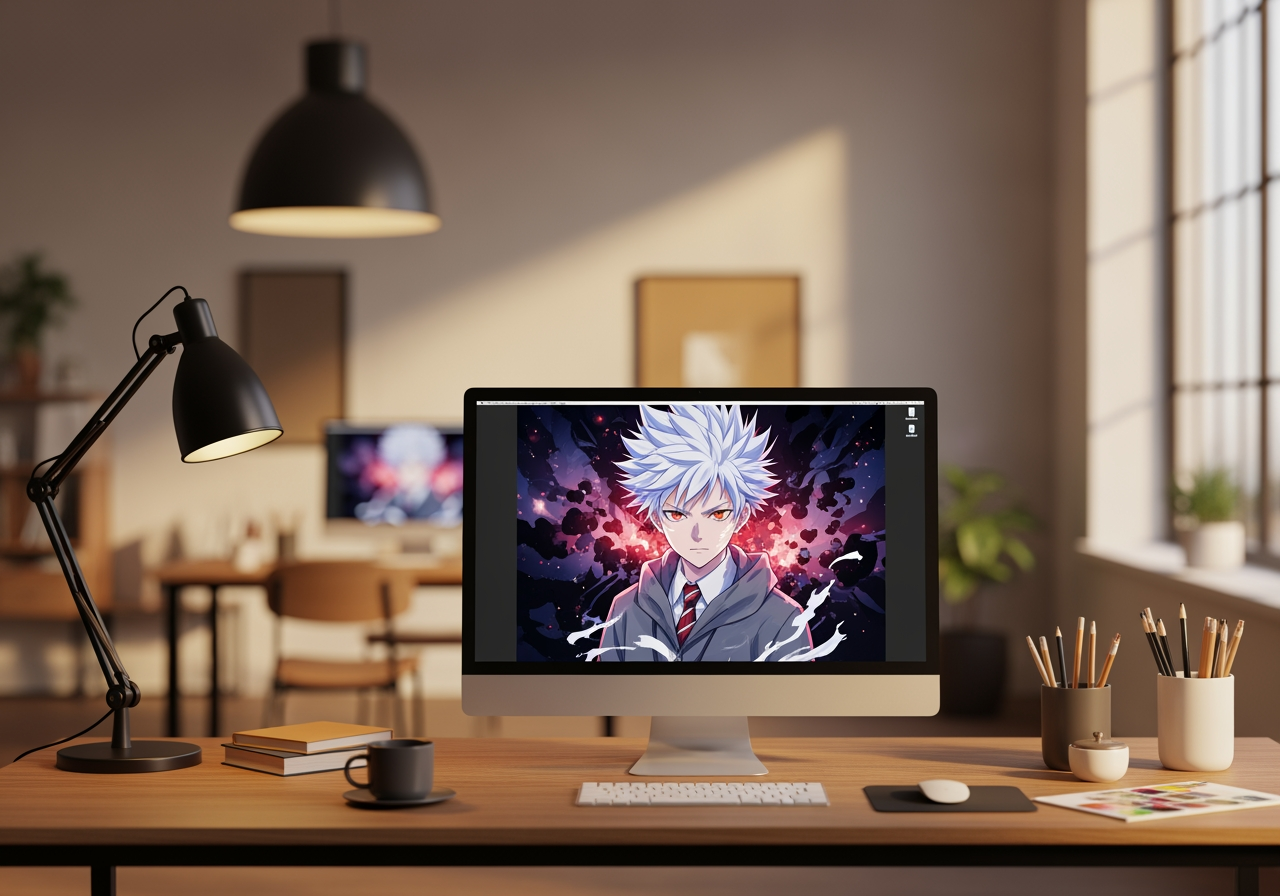 Modern creative workspace monitor displaying finished nhentia style artwork
