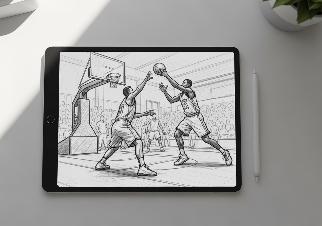 Tablet digitale su una scrivania pulita che mostra uno schizzo a matita di una scena di basket