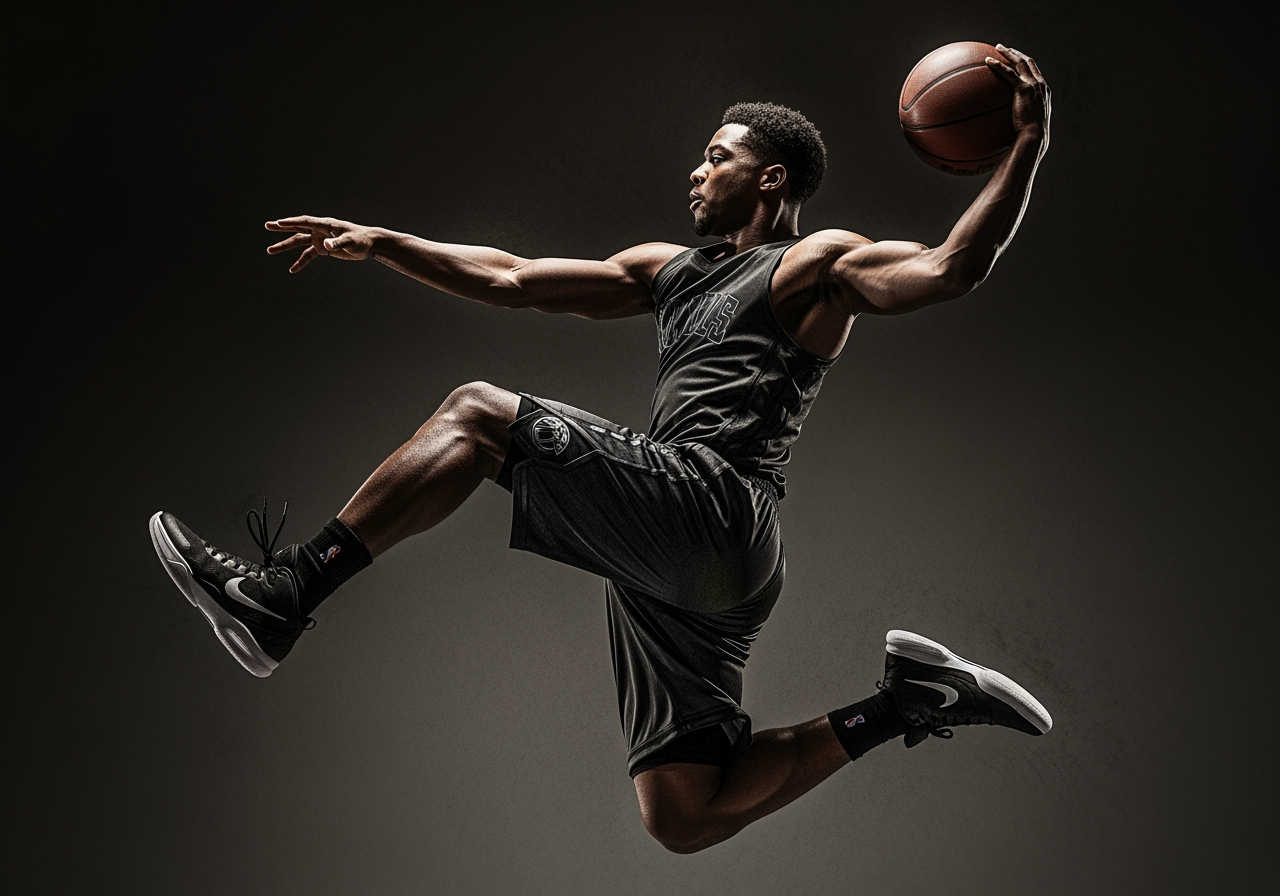 Scena dinamica di un giocatore di basket che schiaccia resa in stile schizzo a carboncillo