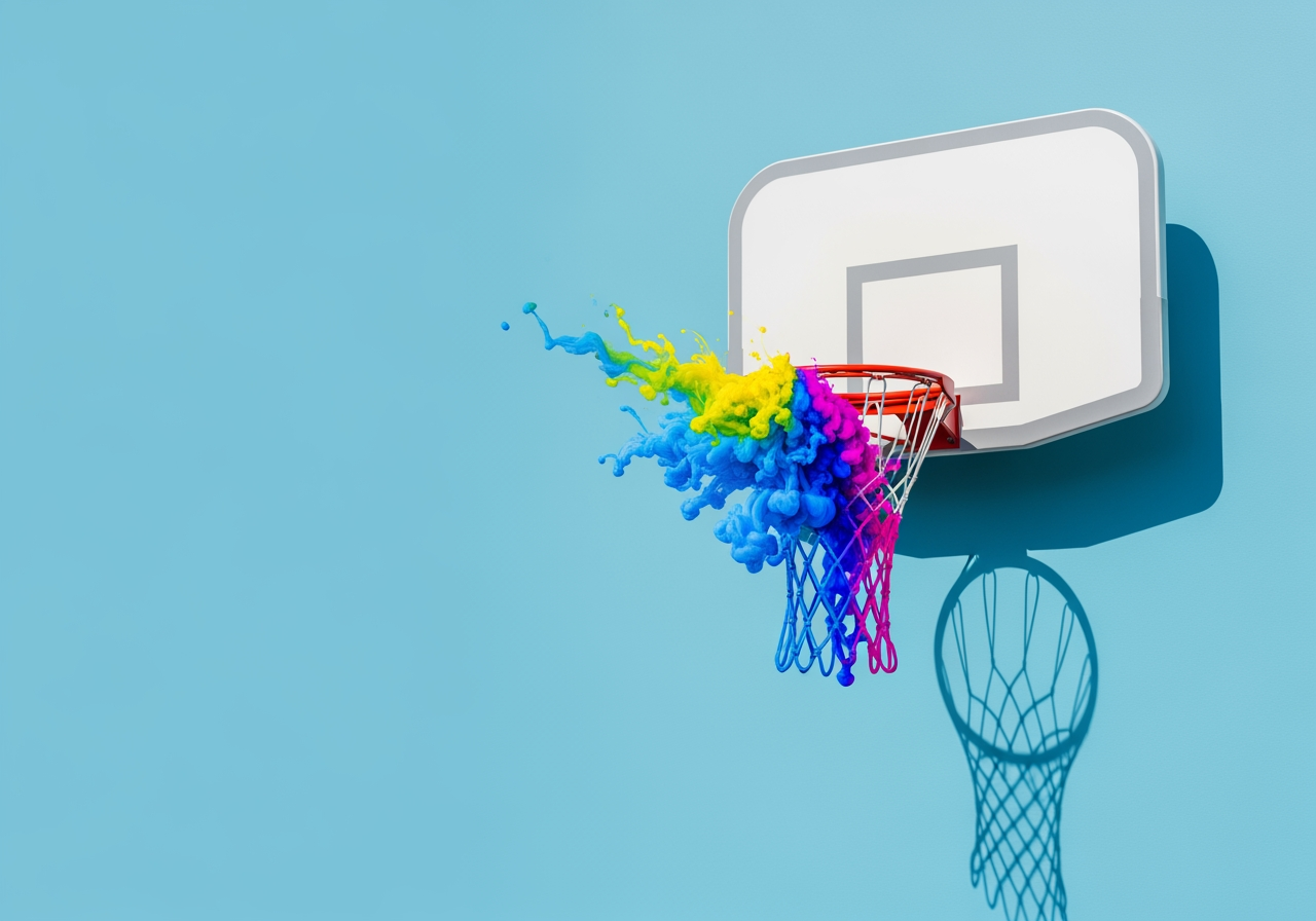 Canestro da basket artistico con effetti di disegno a inchiostro che simboleggiano l'editing AI