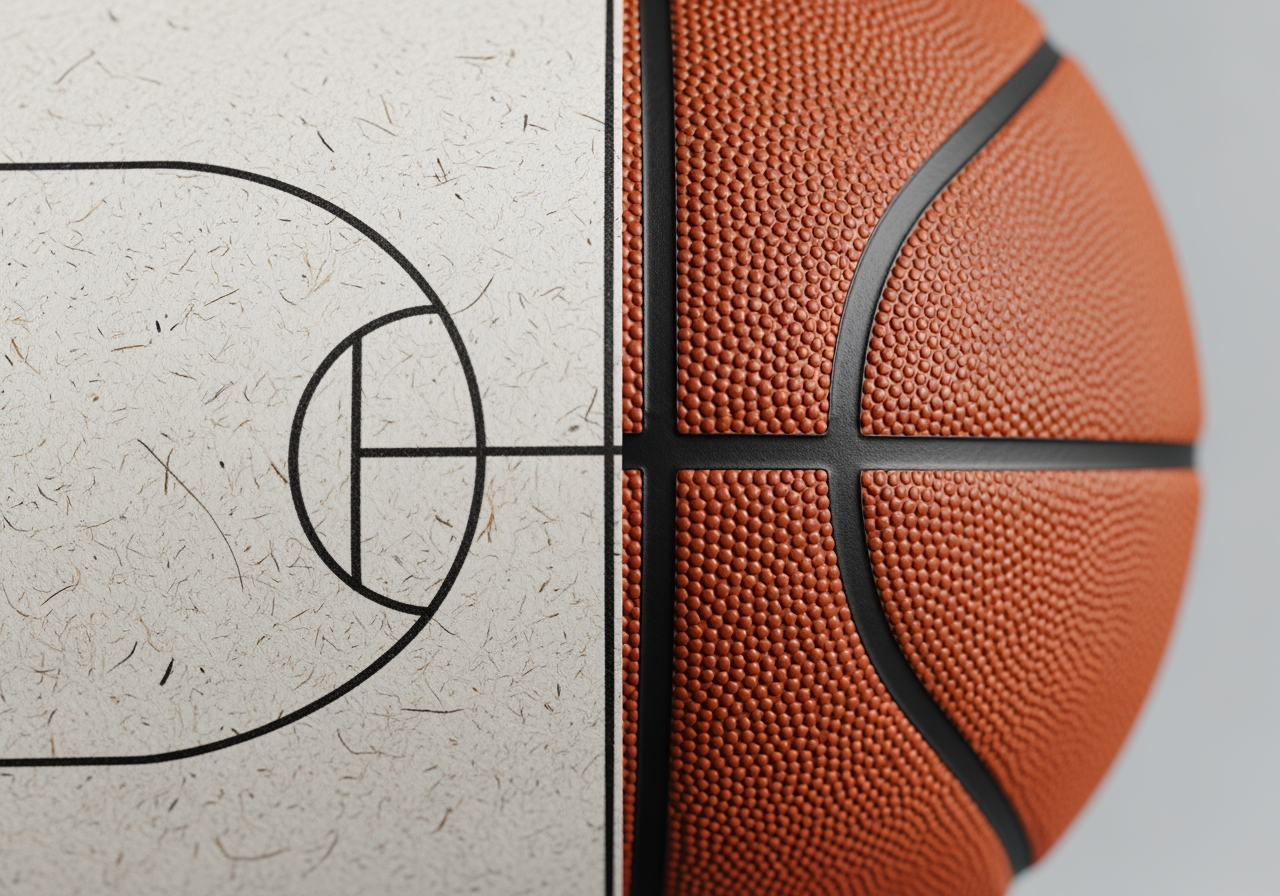 Primissimo piano della trama del pallone da basket e della grana della carta che mostra dettagli ad alta risoluzione 4K