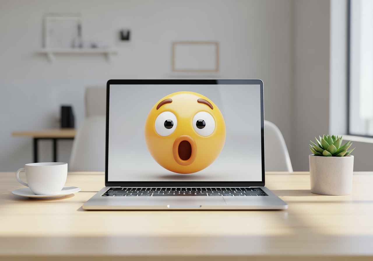 Ordinateur portable moderne sur un bureau affichant un design d'émoji choqué