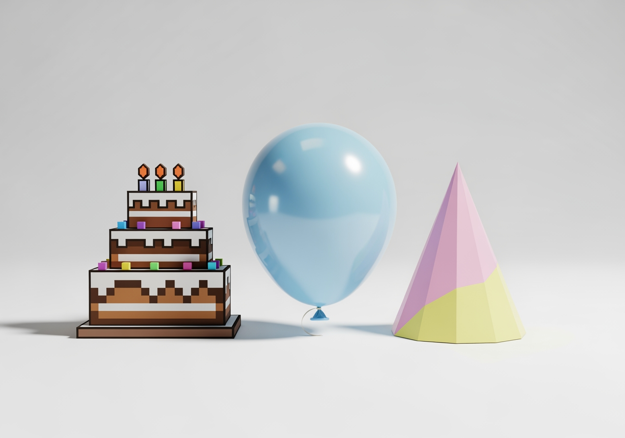 Natura morta minimalista con diversi oggetti di celebrazione 3D come una torta pixel e un palloncino lucido