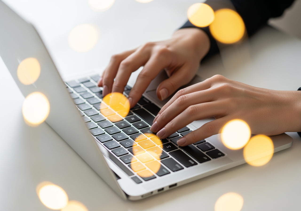 Mani che digitano su un computer portatile con luci bokeh calde sullo sfondo