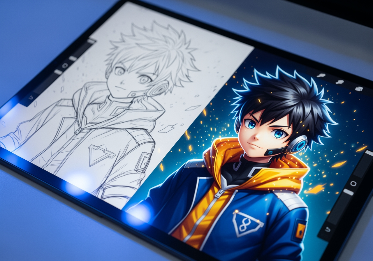 Schermo di tablet digitale che mostra il processo di creazione di un personaggio anime