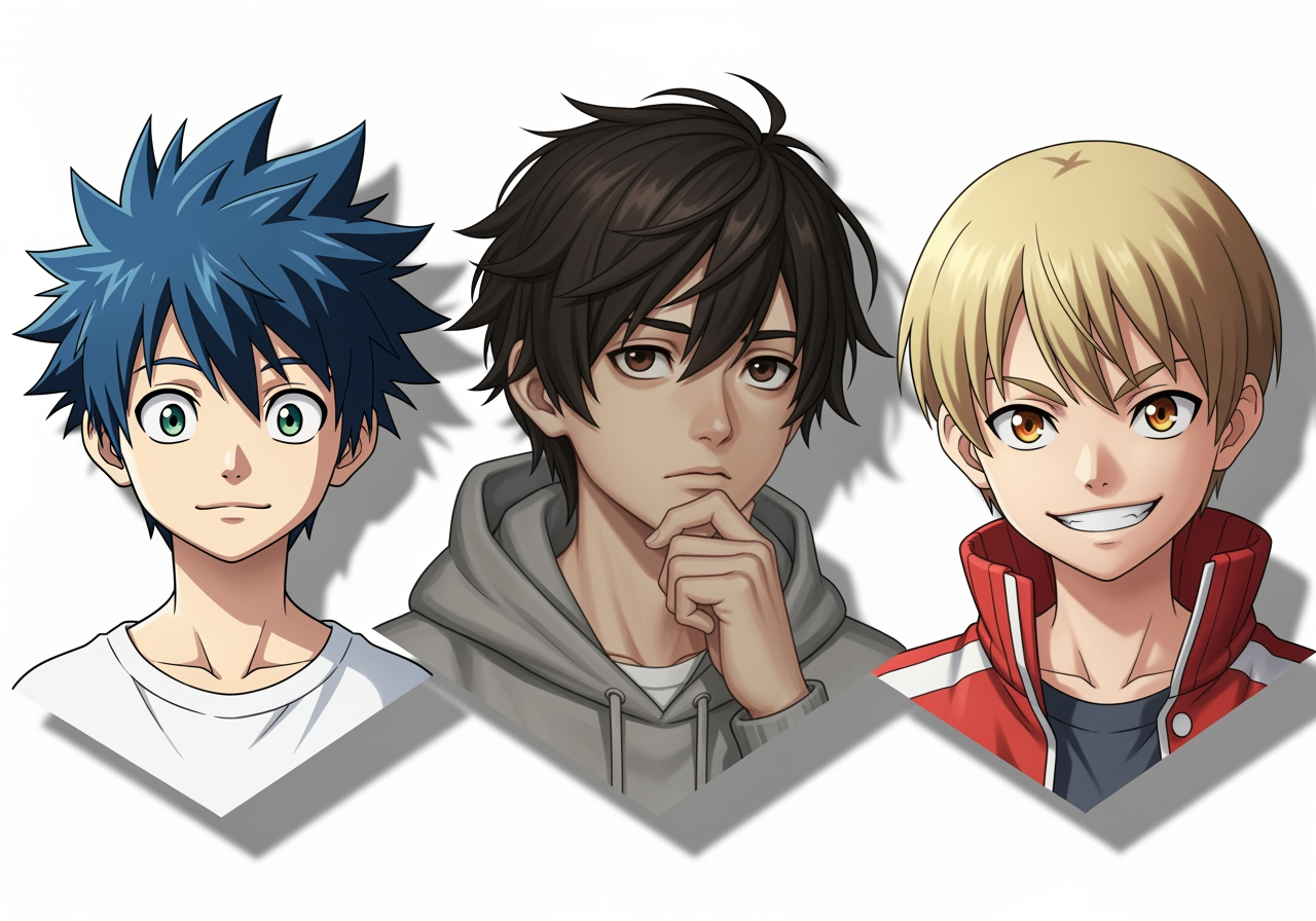 Diversi stili di personaggi ragazzi anime generati dall'IA