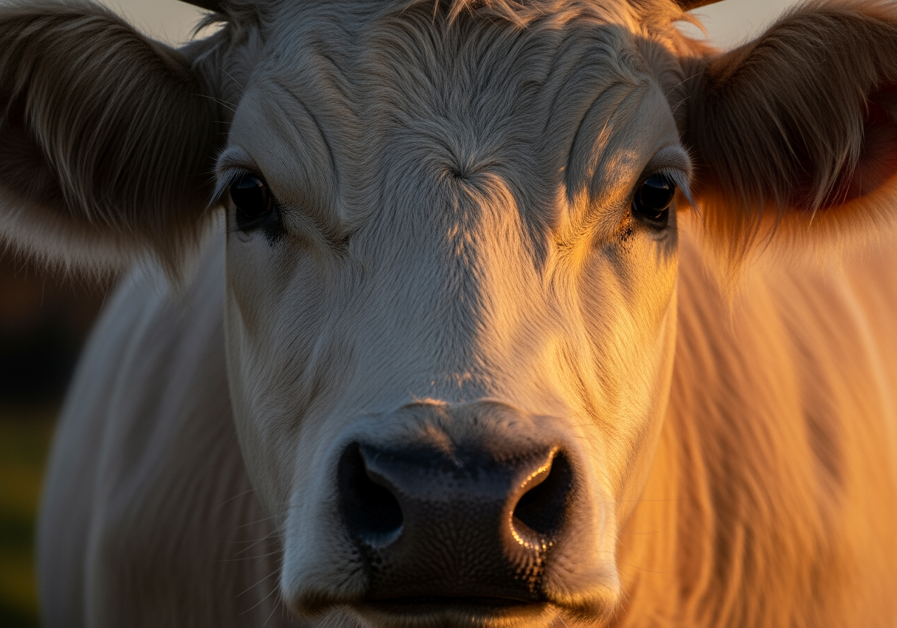 Foto ravvicinata ad alta risoluzione del viso di una mucca che mostra la struttura dettagliata del pelo