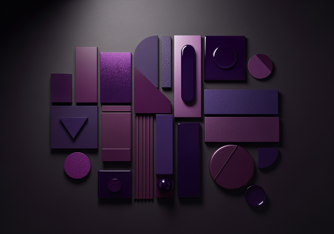 Forme geometriche in viola scuro con varie texture che mostrano la diversità del modello AI